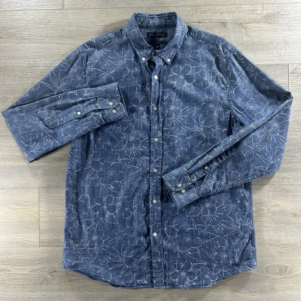 Banana Republic Mens Large Blue Cotton Floral Button Down Slim Fit Long Sleeve